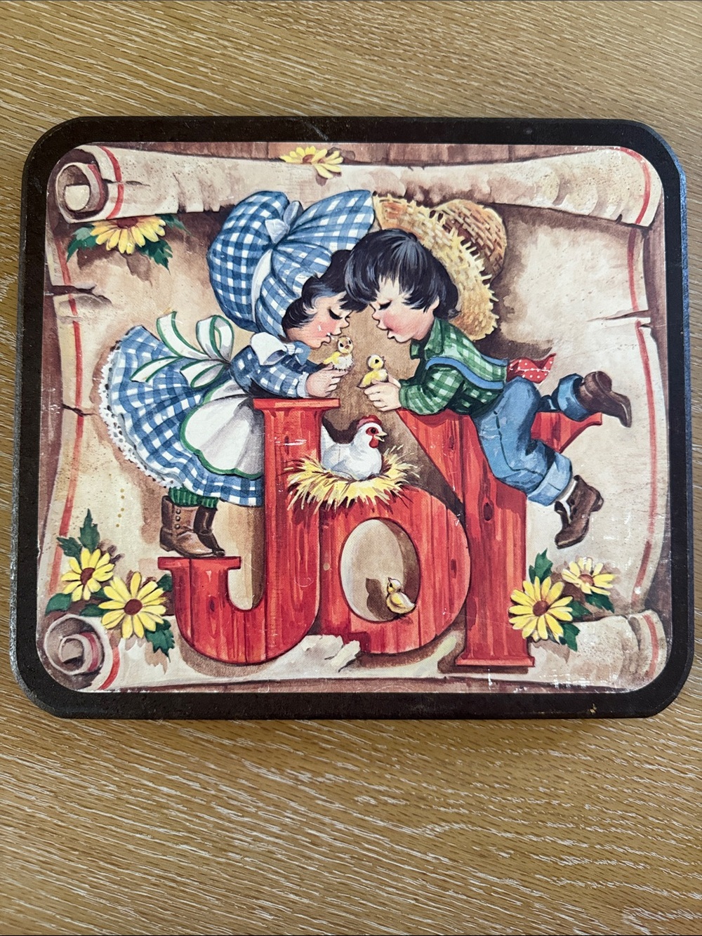 Vintage HOMCO Wooden Wall Plaque JOY Country Boy and Girl